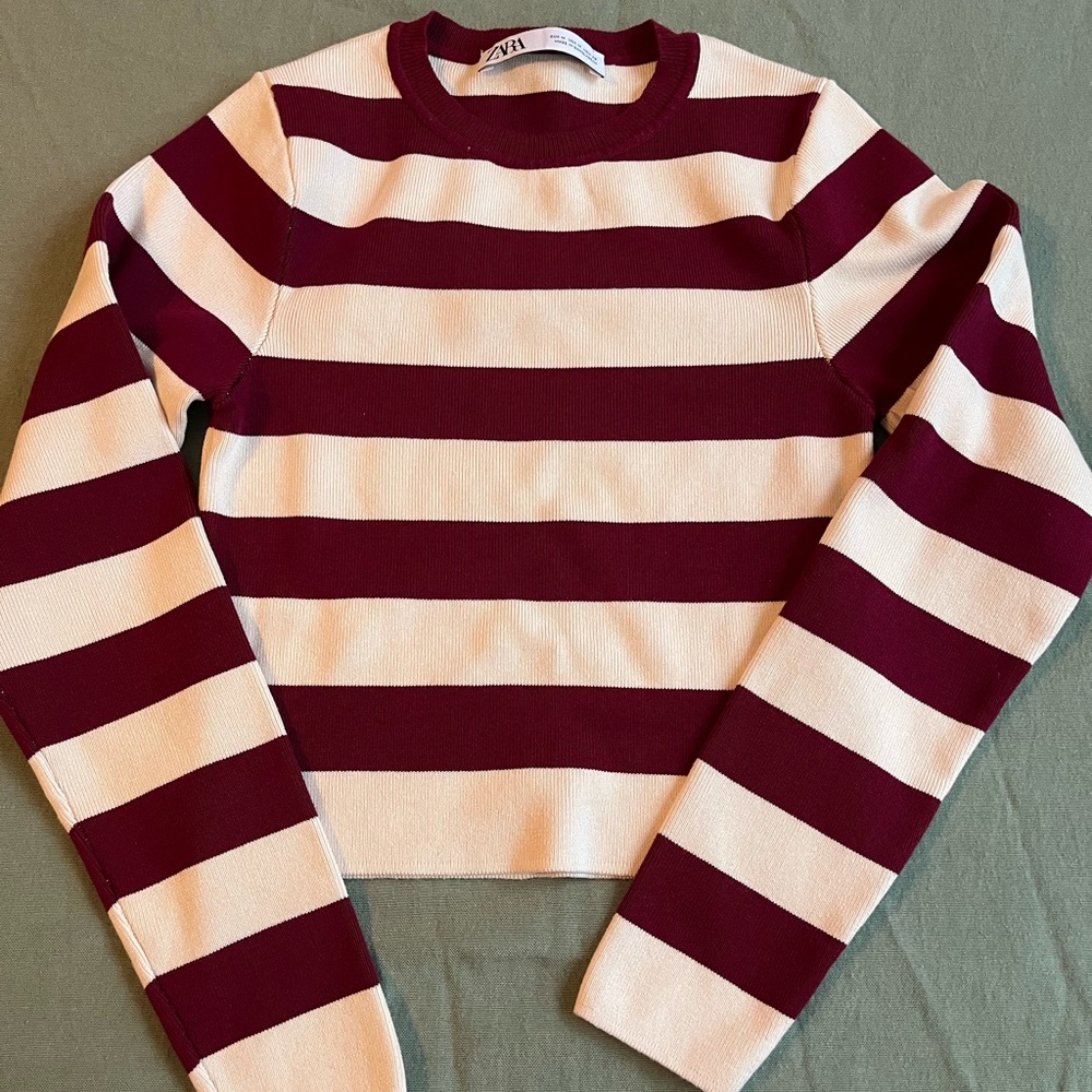 Zara Burgundy and Cream Striped Cropped Sweater